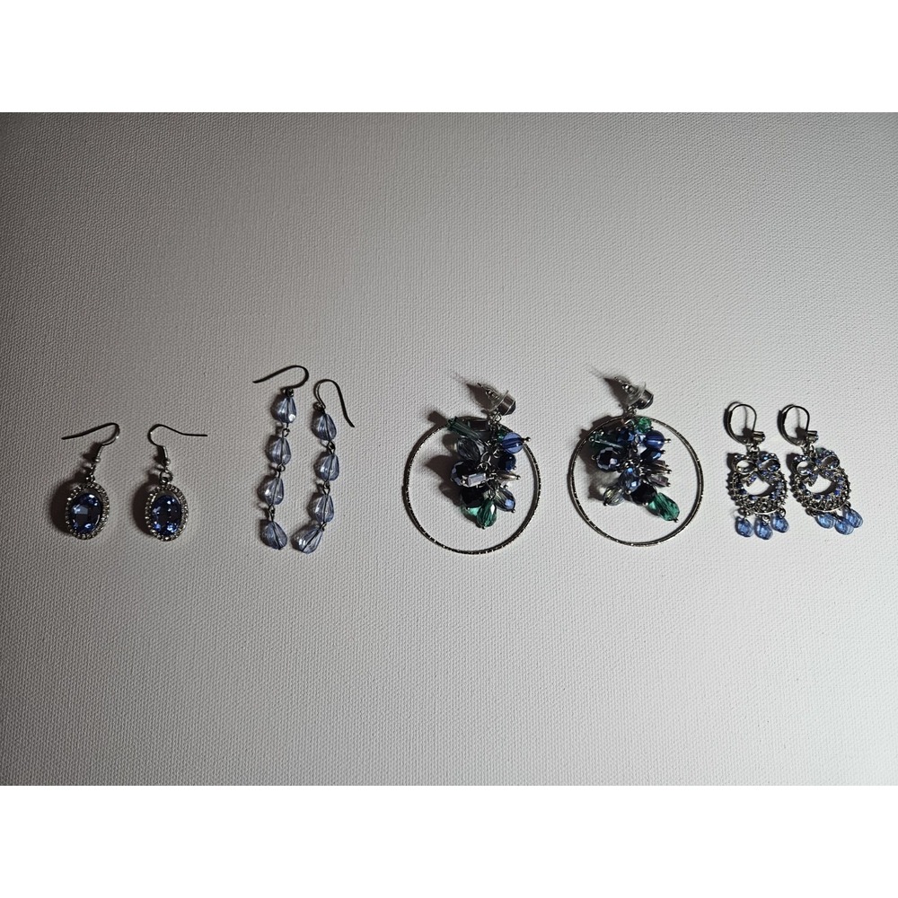 Lot of 4 Blue Crystal Earrings Silver Tone Dangle Hoop Boho Chandelier Jewelry